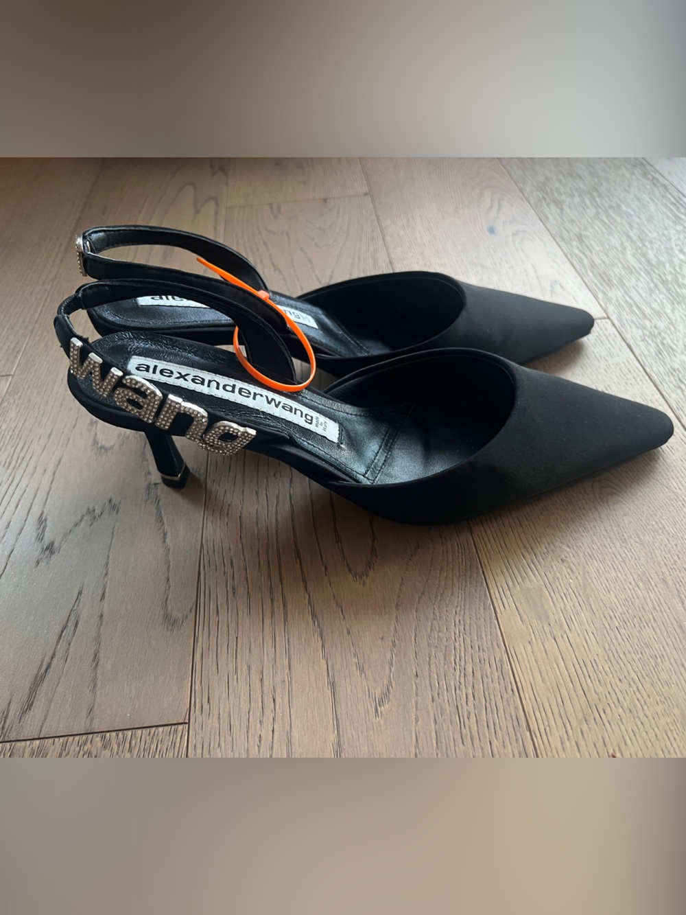 Alexander Wang Black Pointed-Toe Slingback Heels with Crystal Logo Strap